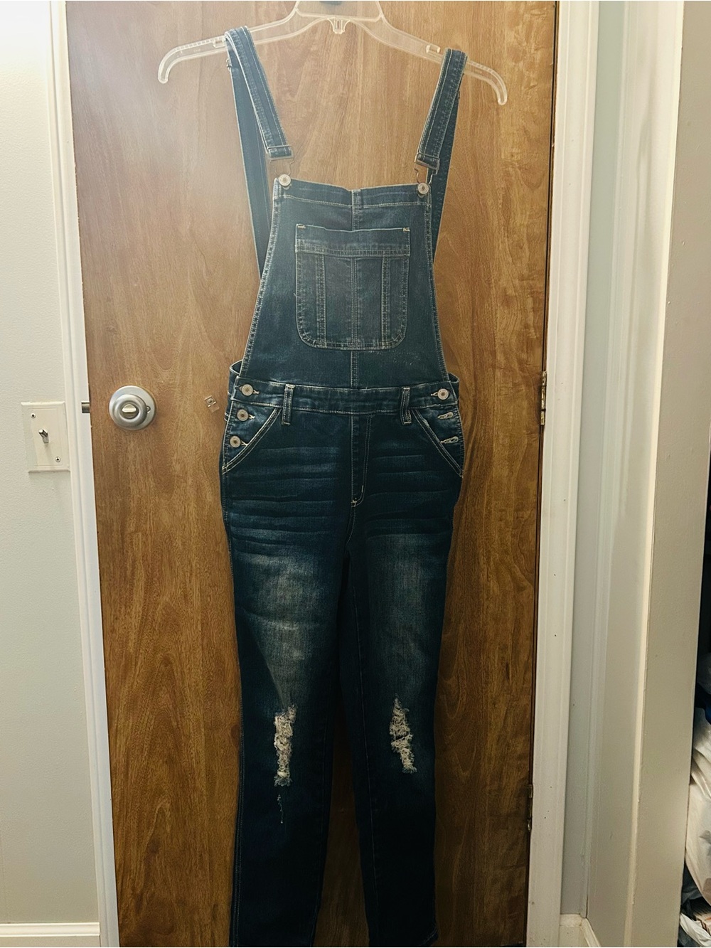 KanCan Dark Blue Distressed Denim Overalls for Women - Picture 2 of 7